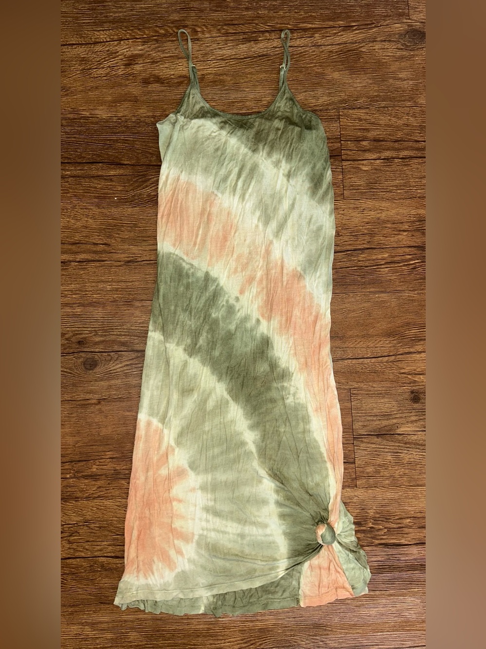 Tie-Dye Midi Slip Dress with Side Ring Detail - Olive & Peach